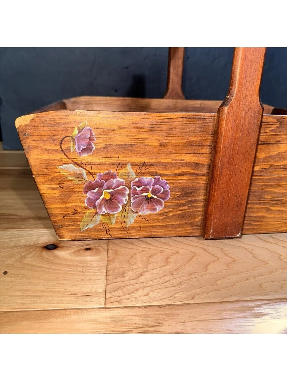 Old Hand Painted Wooden Tote Basket Floral Pansy Design Farmhouse Decor Rustic